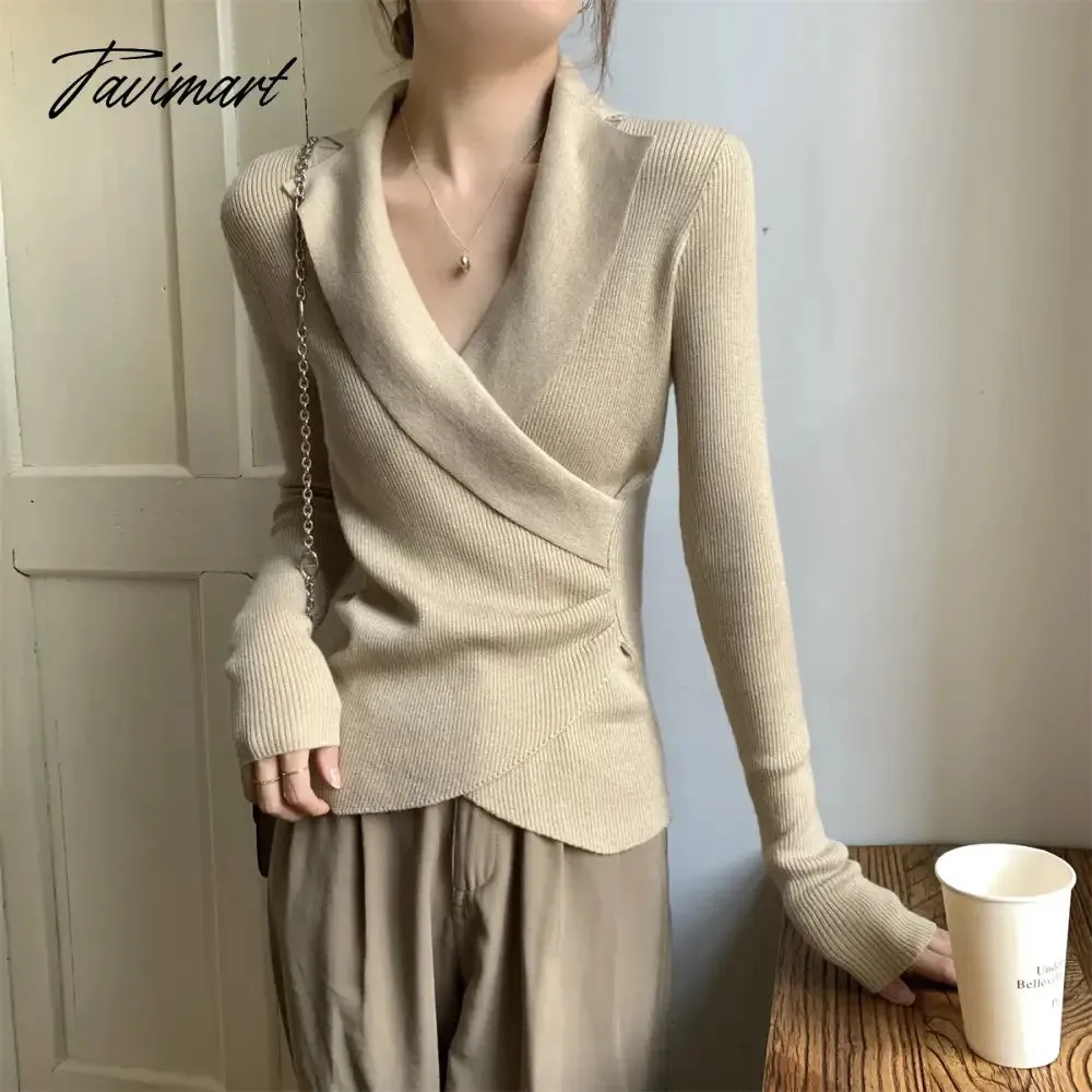 TAVIMART -  V-neck Short Knit Pullovers Women Spring Fall Korean Asymmetric Slim Long Sleeve Sweater Tops 4 Colors