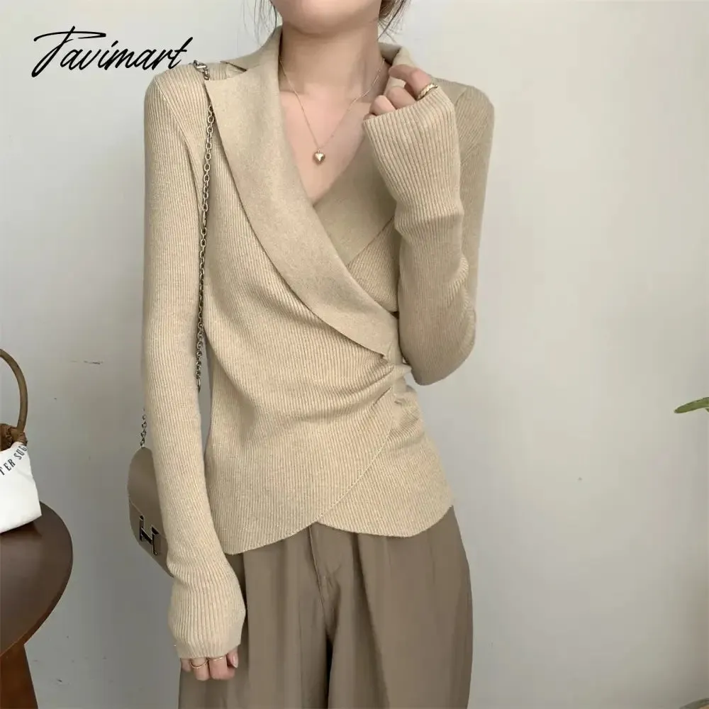 TAVIMART -  V-neck Short Knit Pullovers Women Spring Fall Korean Asymmetric Slim Long Sleeve Sweater Tops 4 Colors