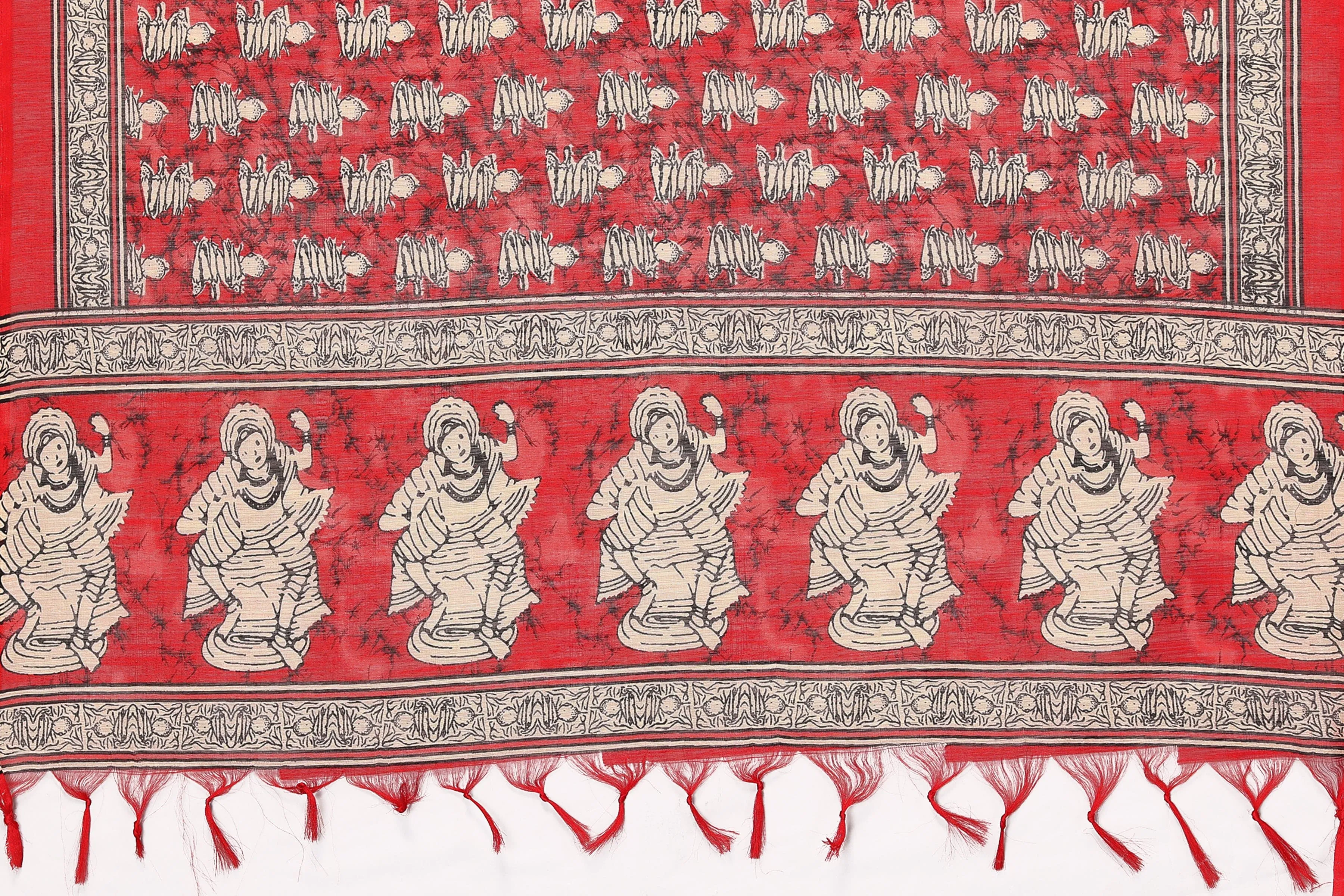 varanga red and off white printed khadi cotton dupatta with tasselled border