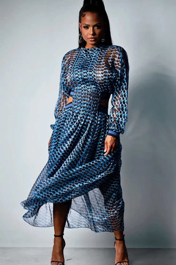 Wave Print Cutout Long Sleeve High Neck Pleated Maxi Dress - Blue