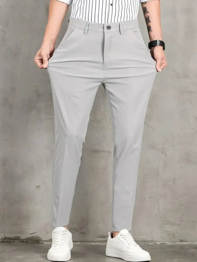 Wiaofellas  -  Man Suits Pants Cooling Ice Silk 9 Cropped Fluid Blue Draped Spring Clothes Designer Trousers for Men Cheap Elegant Summer