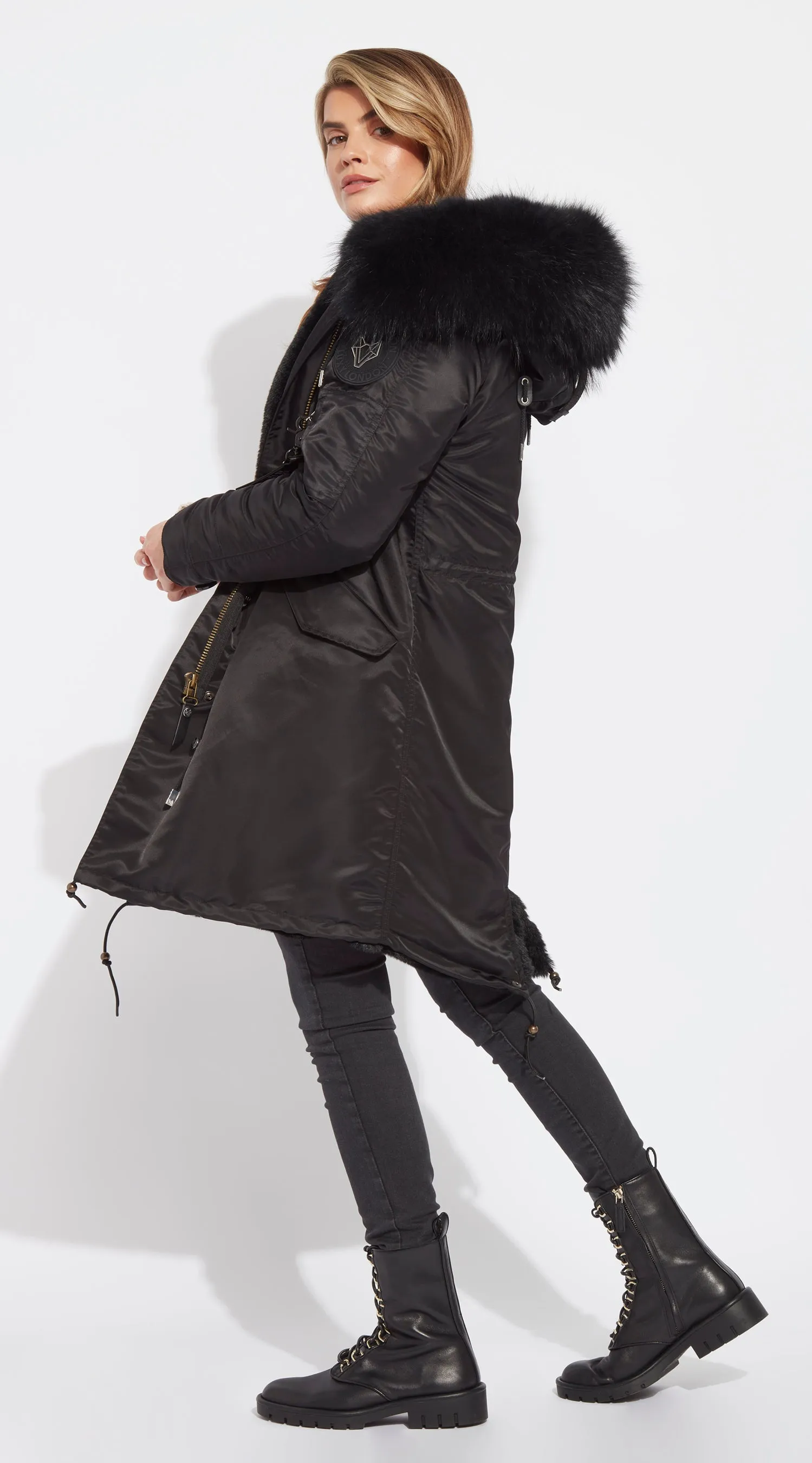 Womens Black Water-Repellent Luxy Fur Parka - 3/4 Black