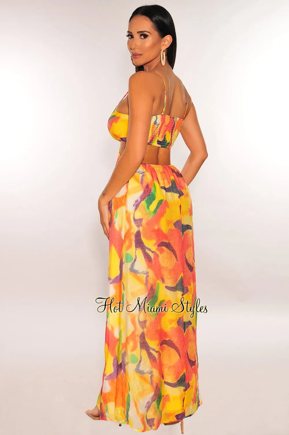 Yellow Watercolor Print O Ring Cut Out Maxi Dress